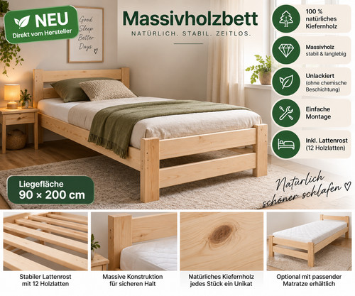 Massivholzbett 90x200 kiefer - 90x200,