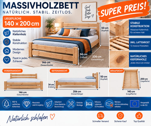 Bett 140x200 massivholz kiefer - bett,