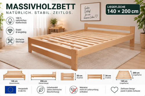 Massivholzbett 140x200 kiefer - massivholzbett,